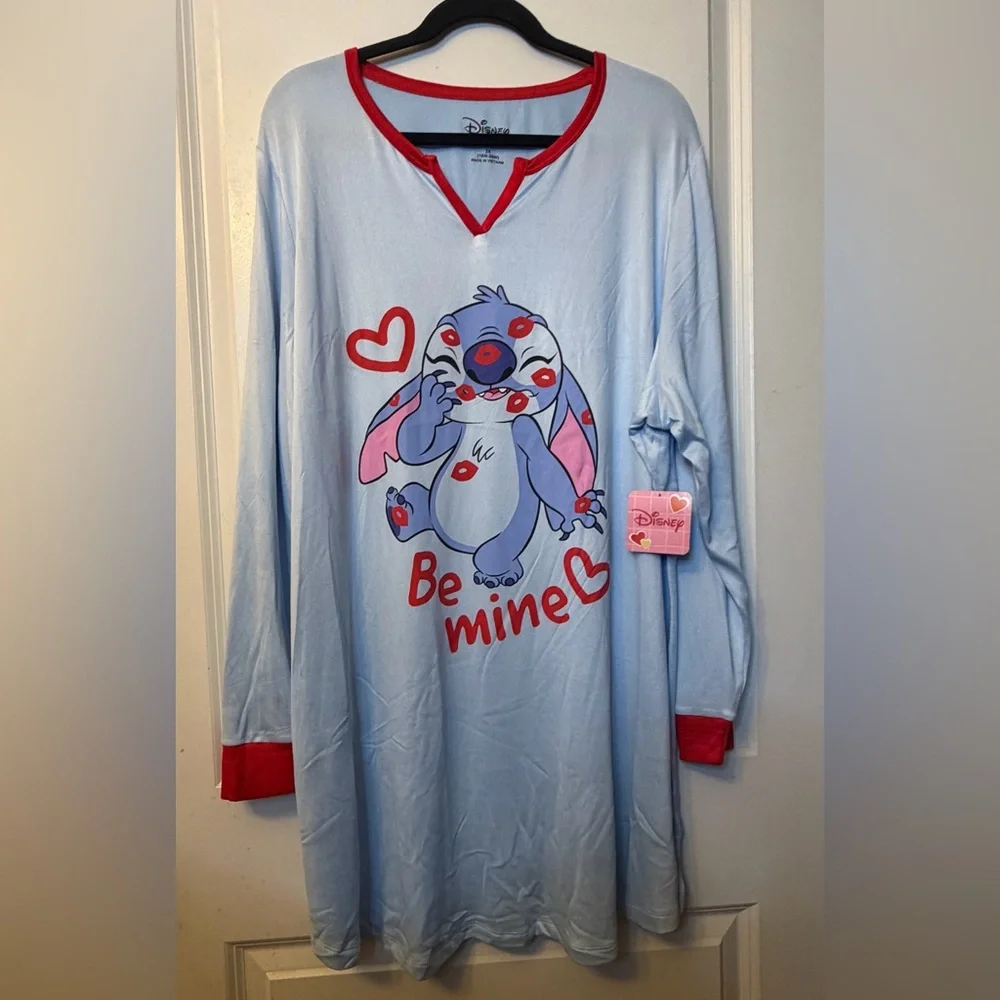 Disney Stitch Women's Light Blue 'Be Mine' Nightshirt with Red Trim - Picture 2 of 11